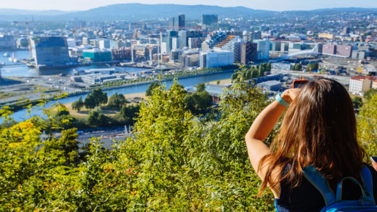 Girl on a walking tour of Oslo, Norway.