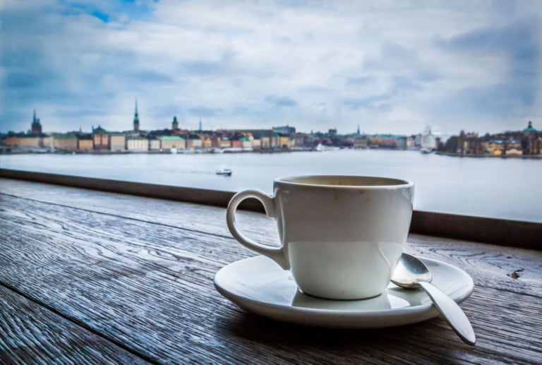 Cup of coffee with Stockholm in the background.