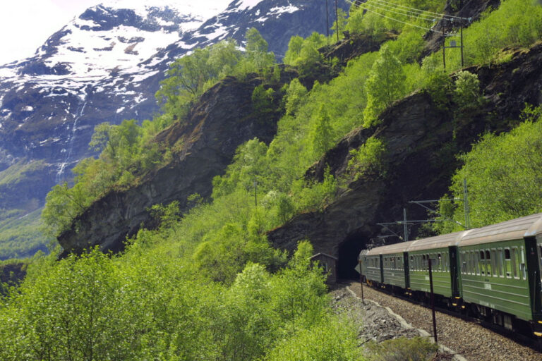 Flåm railway train entering a tunnel.