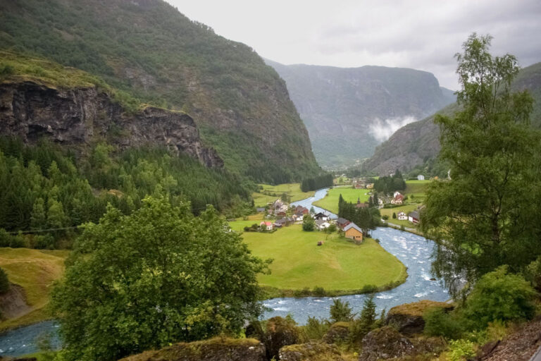 View of the river and houses from the Flåm railway.