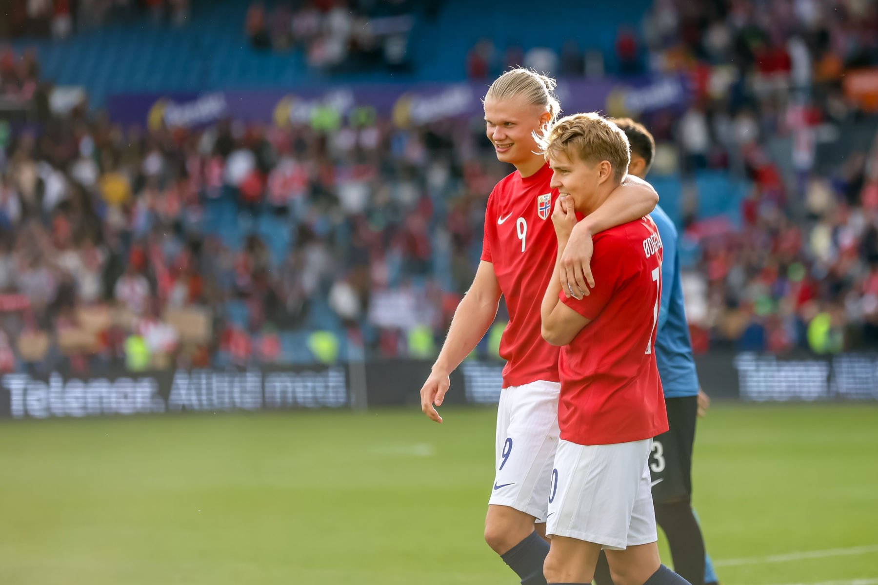 Erling Haaland and Martin Ødegaard playing for the Norway national team. Photo: Editorial credit: froarn / Shutterstock.com.
