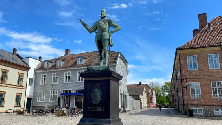 Statue of King Frederik II in the old town of Fredrikstad, Norway.