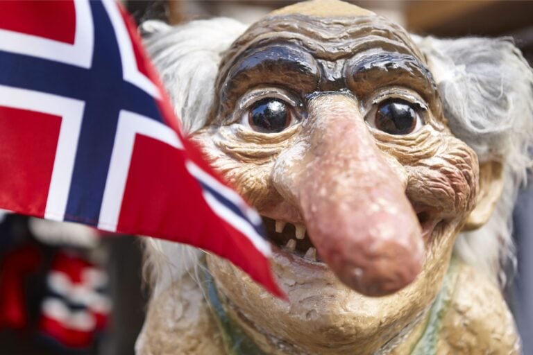 A Norwegian troll and flag in Oslo, Norway.