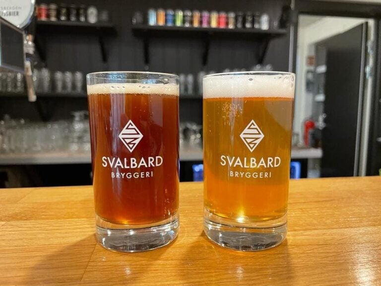 Two glasses of beer at the Svalbard Brewery taproom in Longyearbyen.
