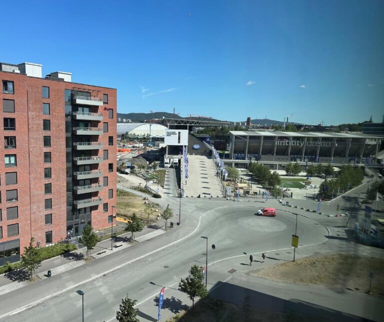 View of the street and Intility Arena from the hotel room.