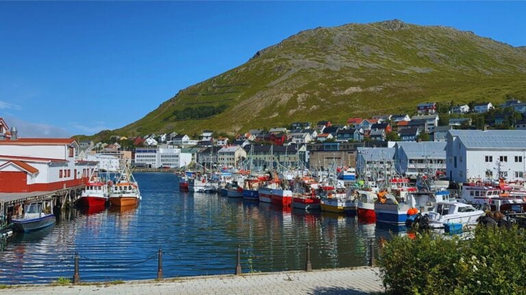 Honningsvåg harbour on a sunny day in Northern Norway.
