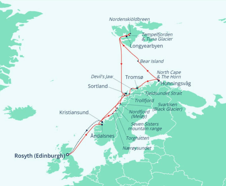 Cruise ship itinerary Edinburgh to Spitsbergen.