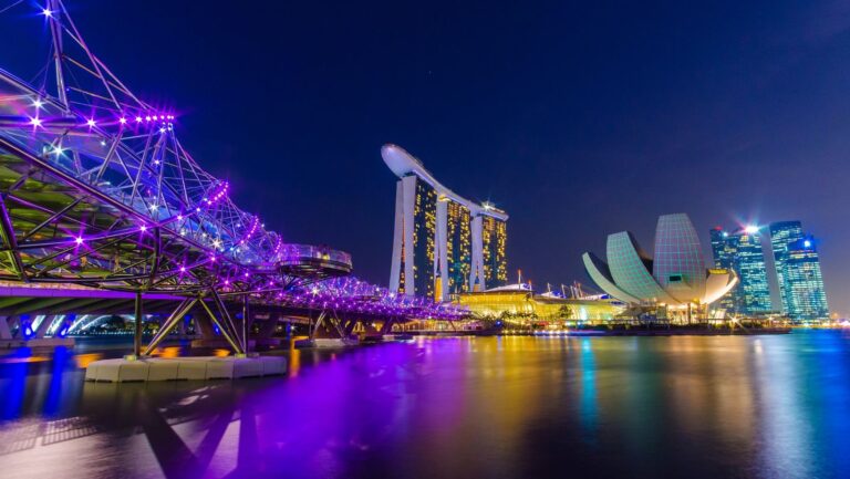 Nighttime photography of a cityscape.