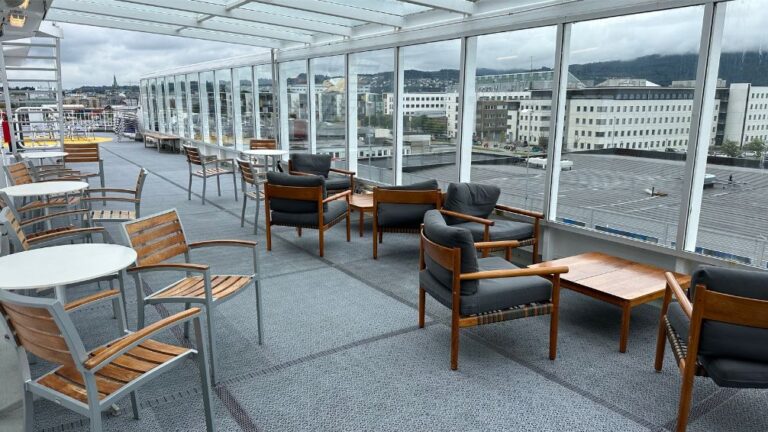 Covered seating on Hurtigruten Nordlys vessel.