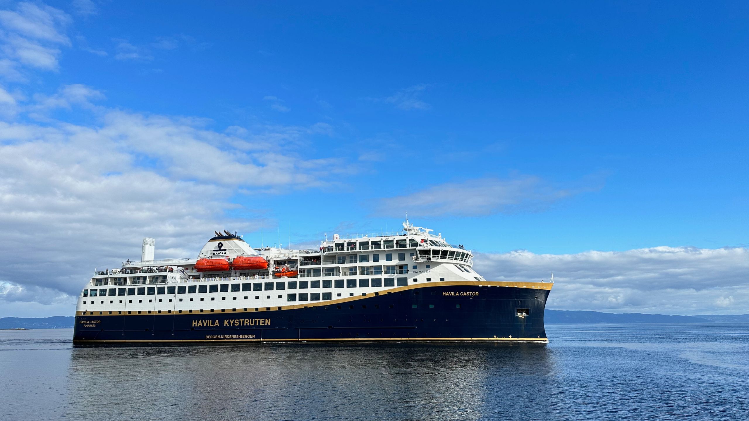 Havila Castor coastal cruise ferry arriving in Trondheim, Norway.