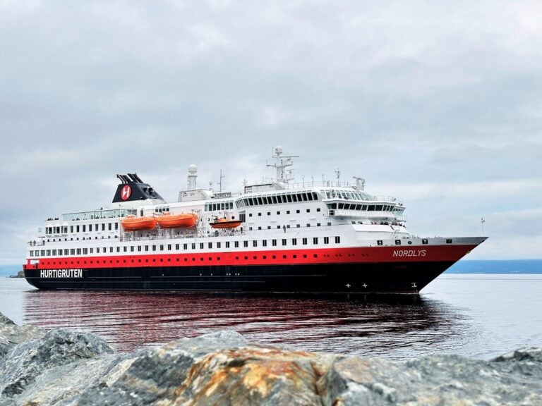 Hurtigruten Nordlys vessel arriving in Trondheim, Norway.
