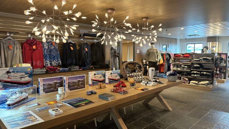 Clothing and souvenirs in the Polarlys onboard shop.