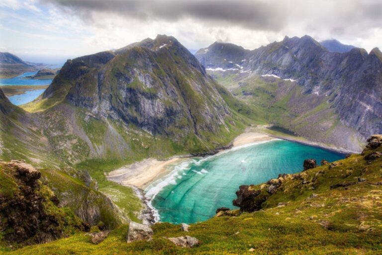 Kvalvika beach in Lofoten seen from Ryten trail.