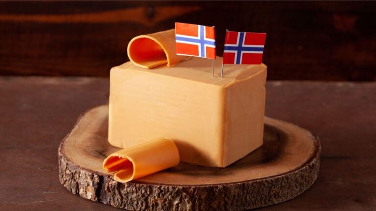 A block of Norwegian brown cheese or brunost.