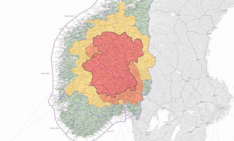 Værvarsel i Norge for storm «Hans».  Skjermbilde av NVE.