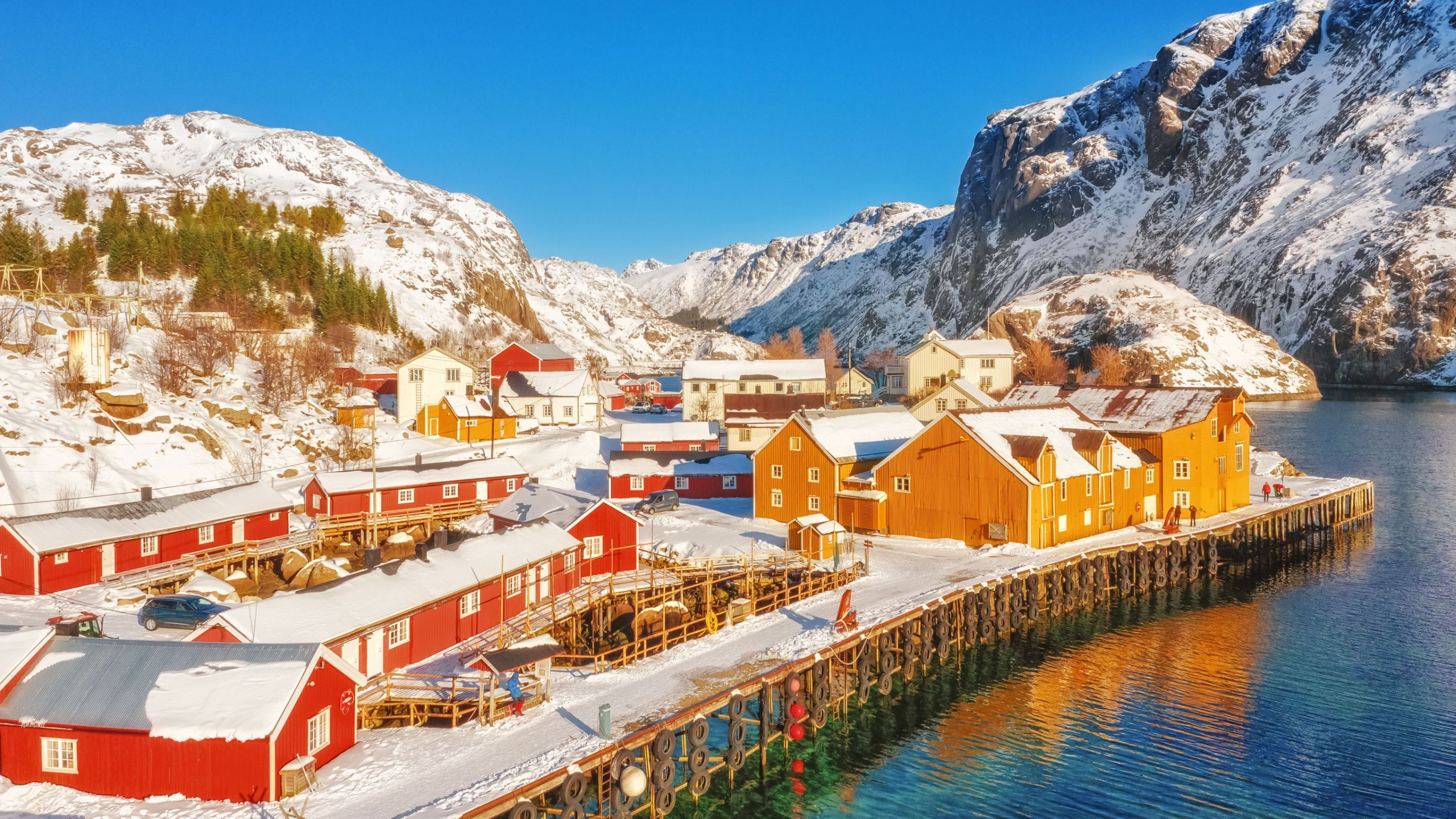 Winter sun view of Nusfjord, Norway.