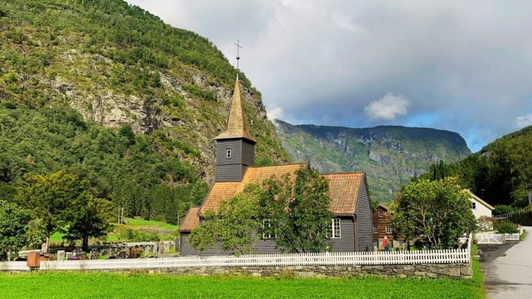 The exterior of Flåm Church in Norway.