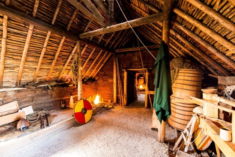 Inside one of the Viking hut reconstructions at L’Anse aux Meadows World Heritage site.