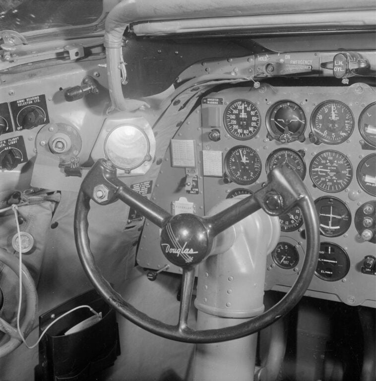 Cockpit of a 1950 Scandinavian Airlines' DC-4. Photo: SAS.