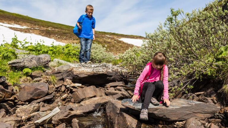 Children hiking in Norwegian nature.