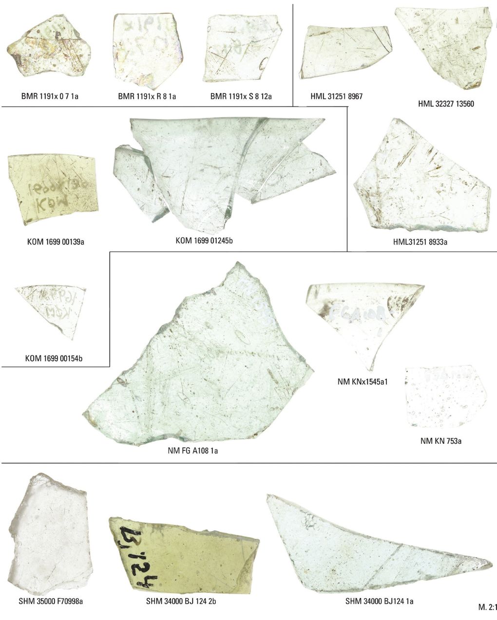 Window glass fragments found at Viking sites. Photo: National Museum of Denmark.