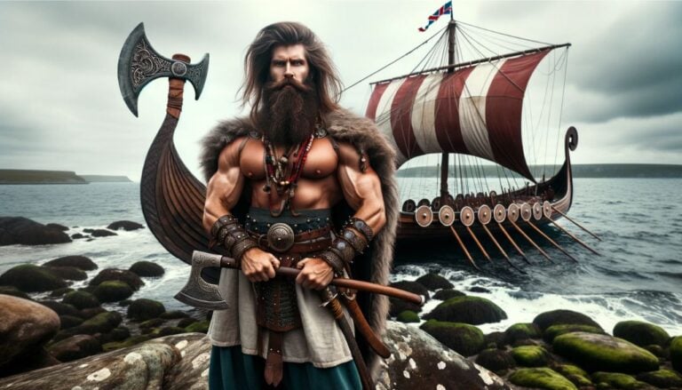 Viking Age illustration warrior and ship.