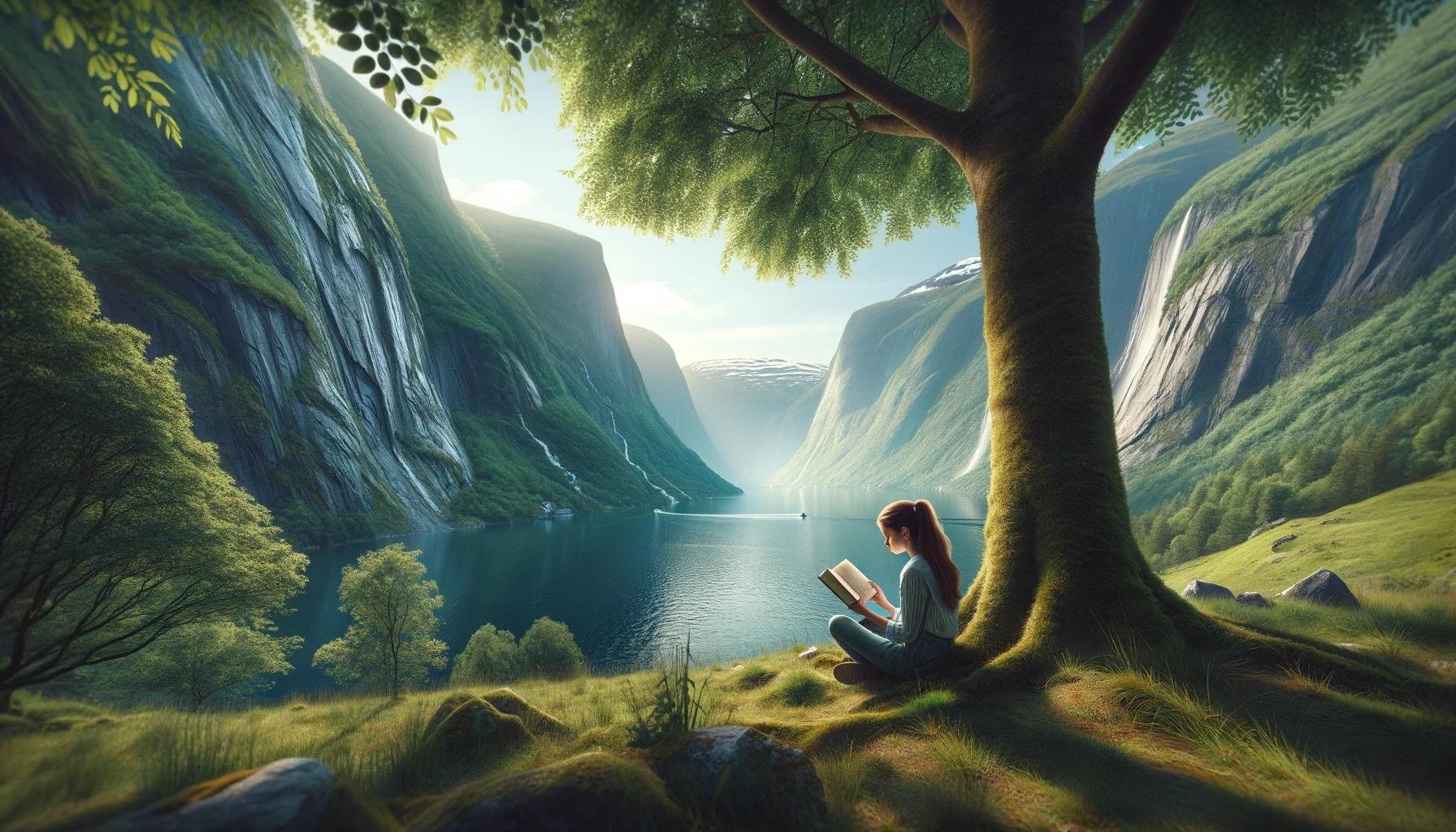 Woman reading a book under a tree in the Norway fjords region.