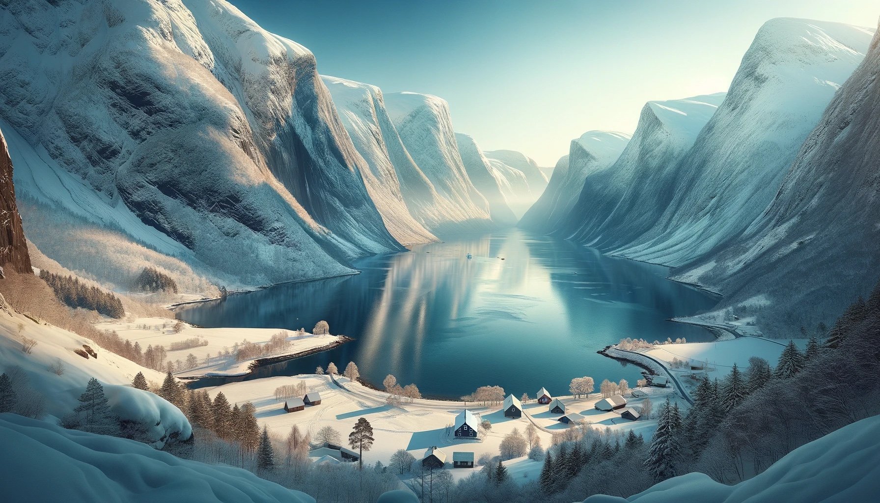 An ilustration of a Norwegian fjord in the winter. Illustration: David Nikel.