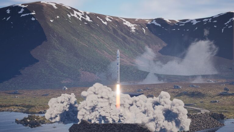 A render of a rocket launch at Andøya Spaceport.