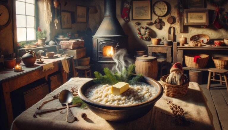 Illustration of a Christmas porridge offering to the nisse. Image: Daniel Albert.