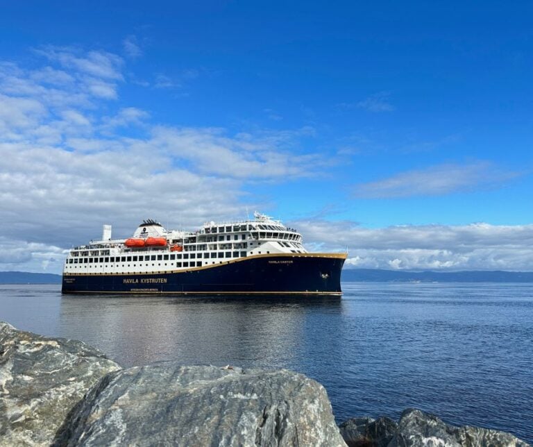 Havila coastal ferry arriving in Trondheim. Photo: David Nikel.