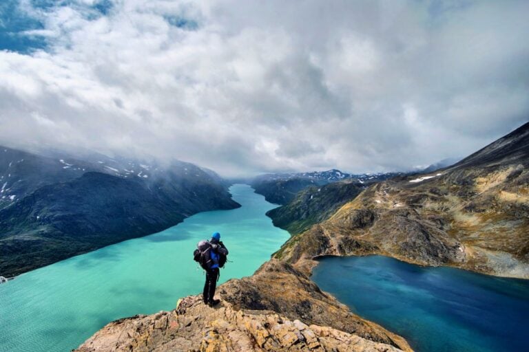 Hiker on Norway's Besseggen ridge.