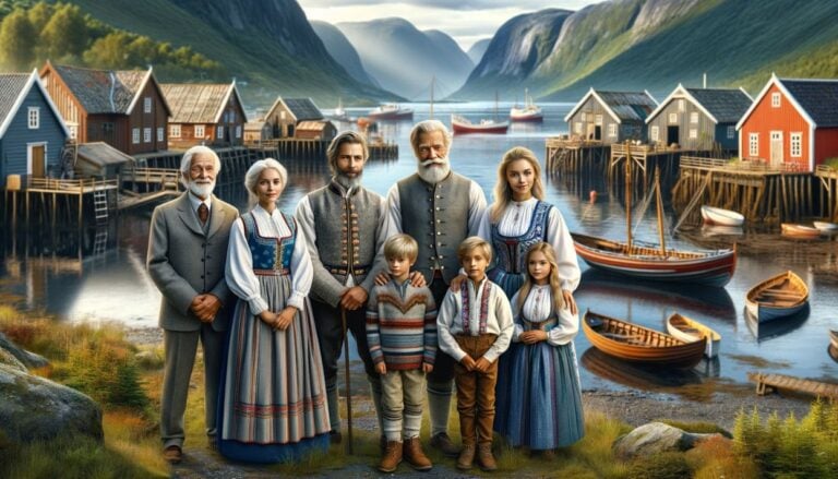 A historic Norwegian family at a fjord boatyard.