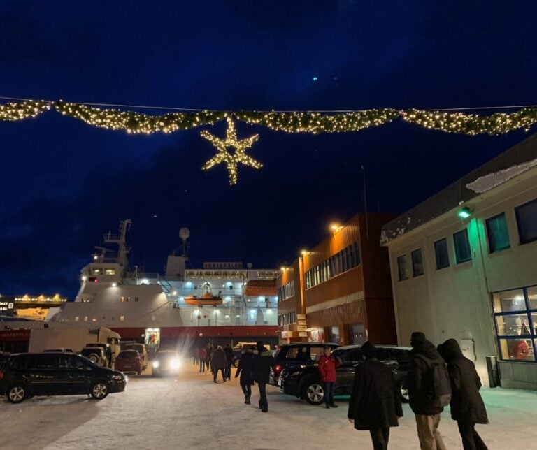 Hurtigruten docked in Honningsvåg in the winter. Photo: David Nikel.