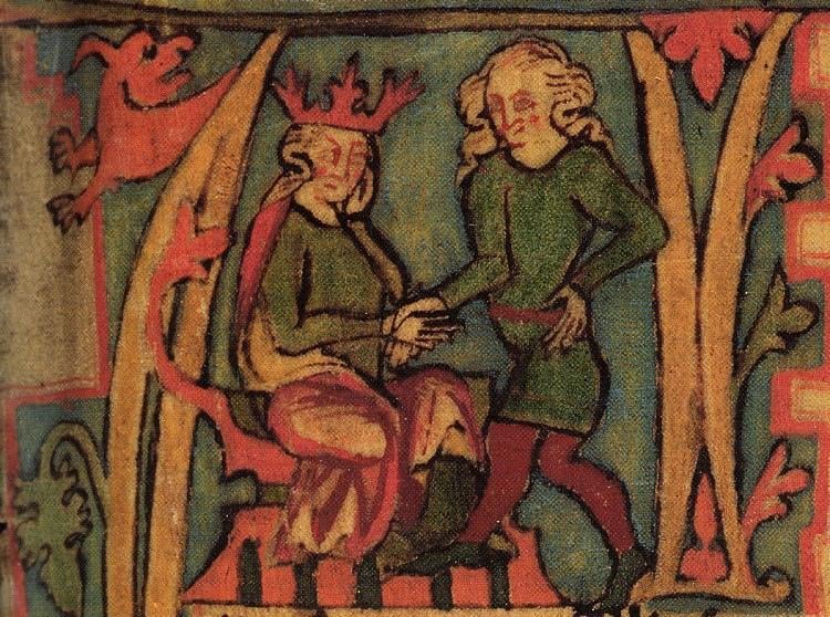 King Haraldr hárfagri receives the kingdom out of his father's hands. Illustration from the 14th century Icelandic manuscript Flateyjarbók, now in the care of the Árni Magnússon Institute in Iceland.