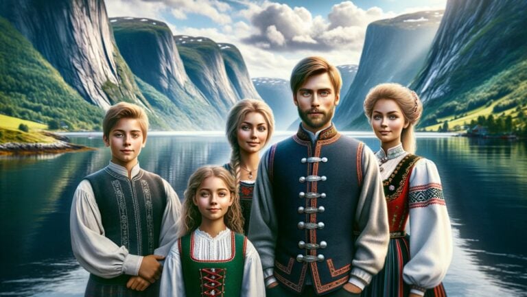 Illustration of a historic Norwegian family in the fjords of Norway.