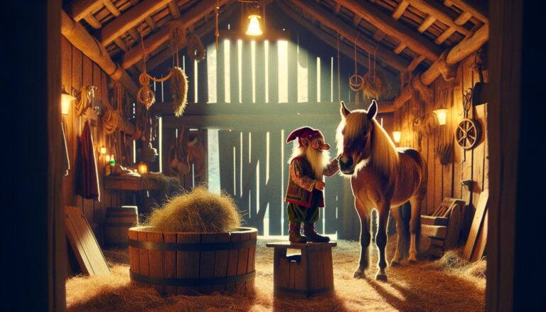 Illustration of a Norwegian nisse grooming a horse. Photo: Daniel Albert.