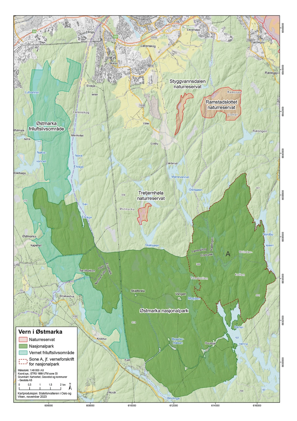 Boundary map of the new Østmarka National Park.  Photo: Klima- og miljødepartementet (KLD).