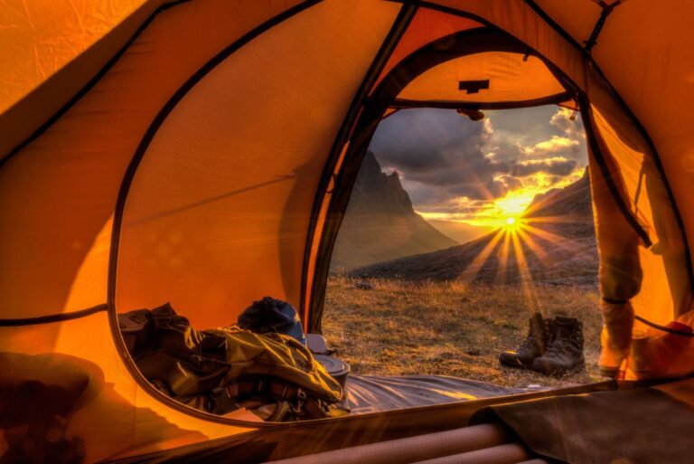 Sunset view from a tent in Norway.