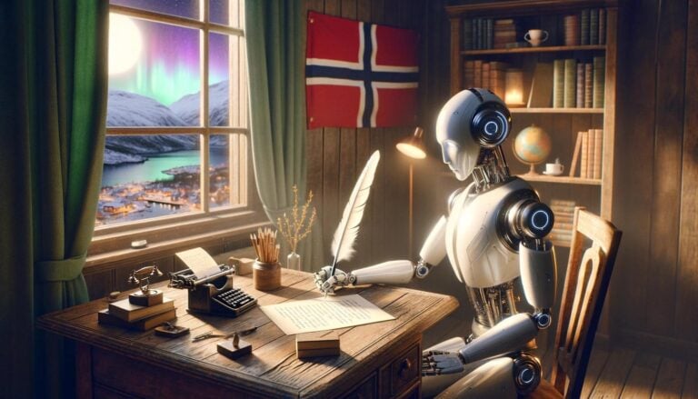 Illustration of a robot writing poetry in Norway. Image: David Nikel / AI.