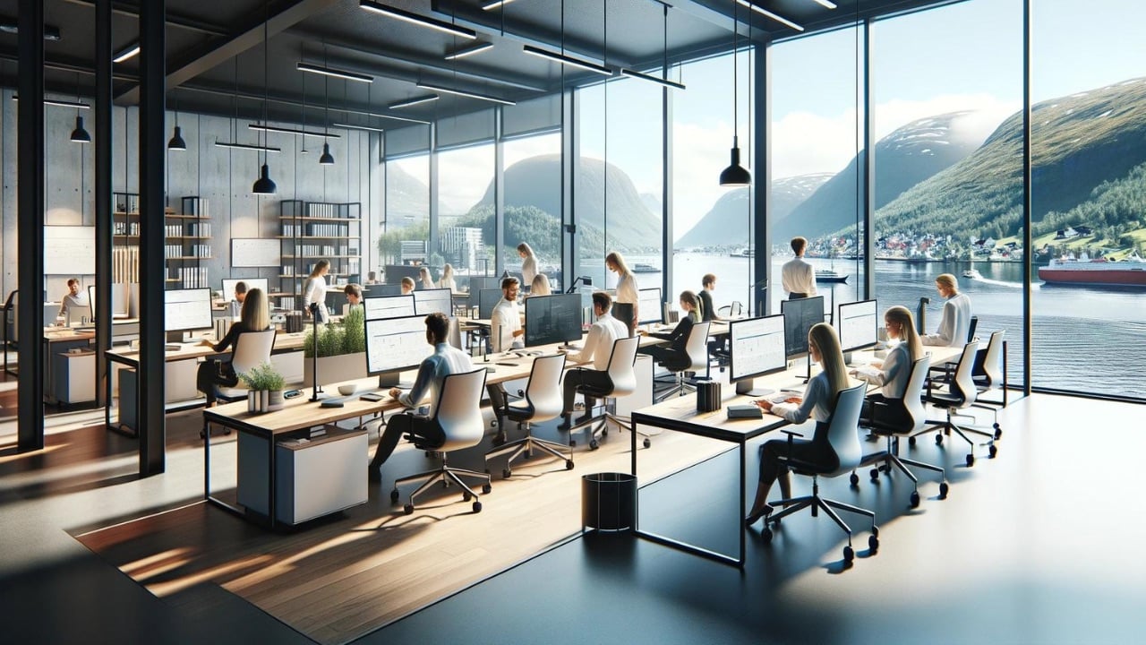 An illustration of a modern Norwegian office. Illustration: David Nikel / DALL-E 3 AI.
