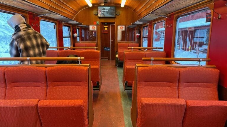 Inside Flåm Railway coach. Photo: David Nikel.