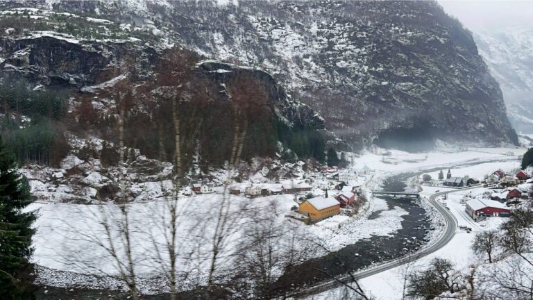 Old Flåm village centre seen from the train. Photo: David Nikel.