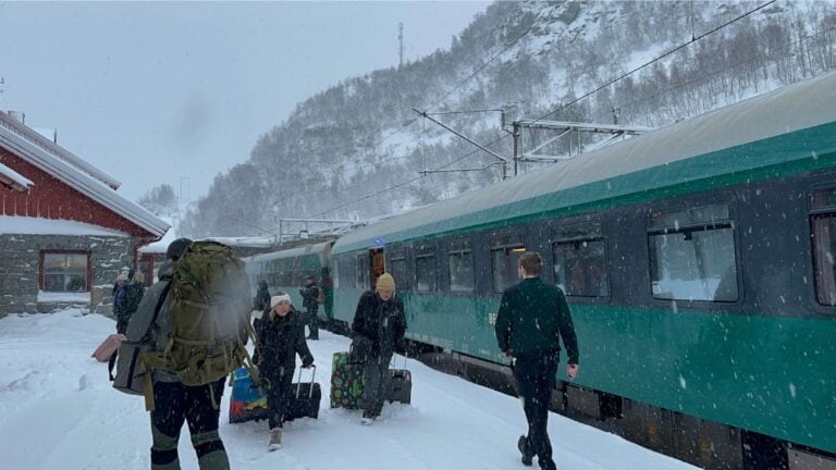 Bergen Line train arriving at Myrdal station in the snow. Photo: David Nikel.