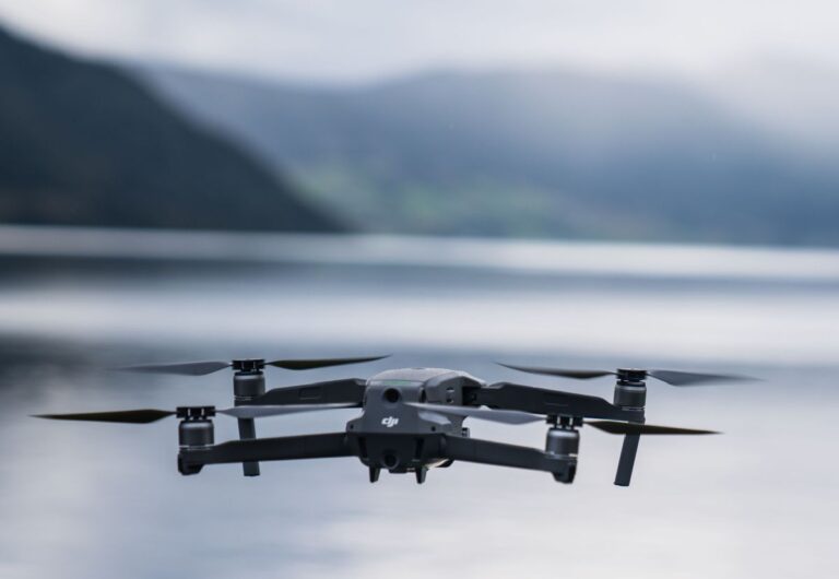 Drone flying above a Norwegian fjord.