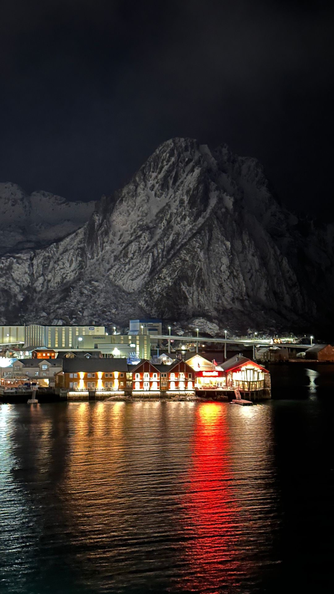 Reflections in Svolvær at night. Photo: David Nikel.