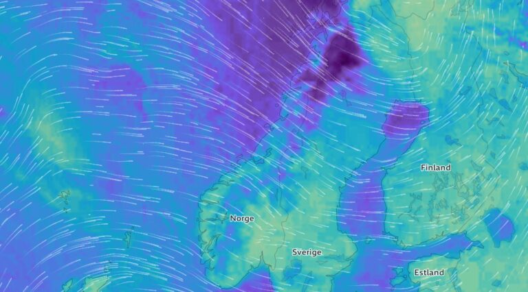 Wind map of Storm Ingunn. Screengrab from YR.