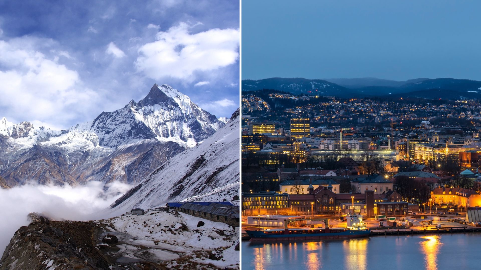 Images of Nepal and Oslo, Norway.