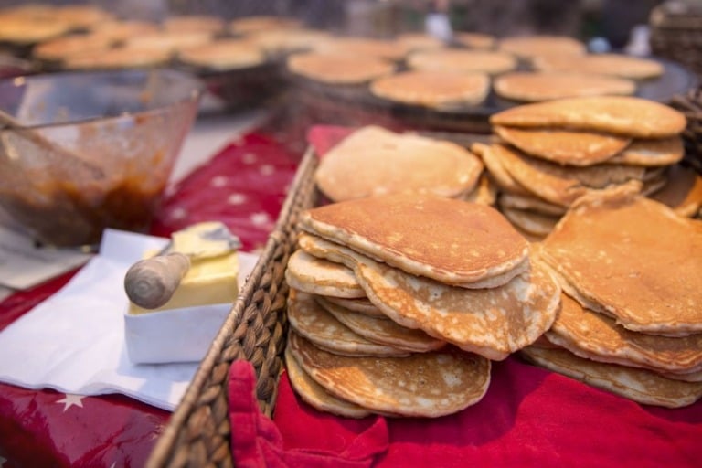 A pile of sveler, thick pancakes popular in Norway.