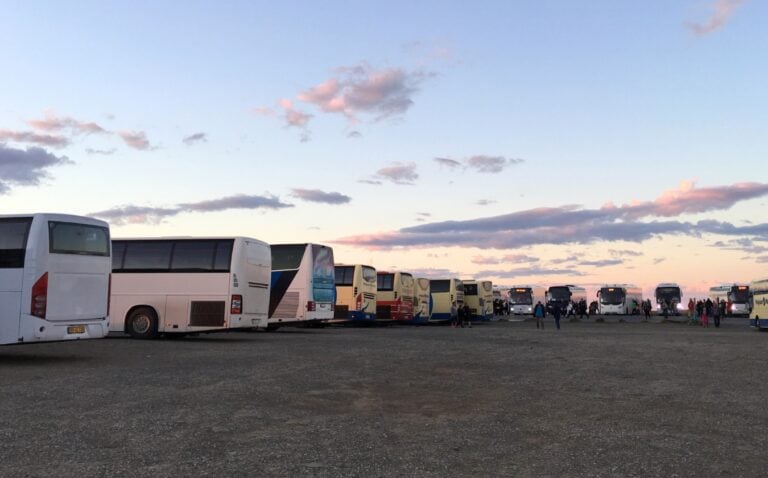 Tour buses at the North Cape. Photo: David Nikel.